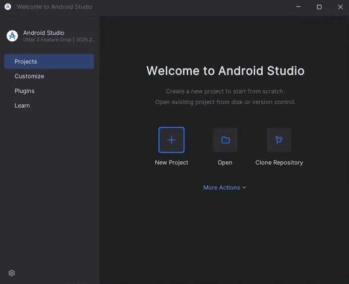 Android Studio welcome screen where you can verify the installed version.