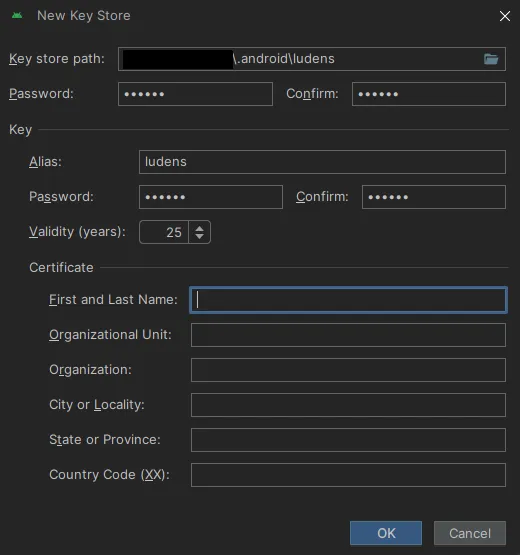 Creating a new Keystore. Keep your password and the .jks file safe.