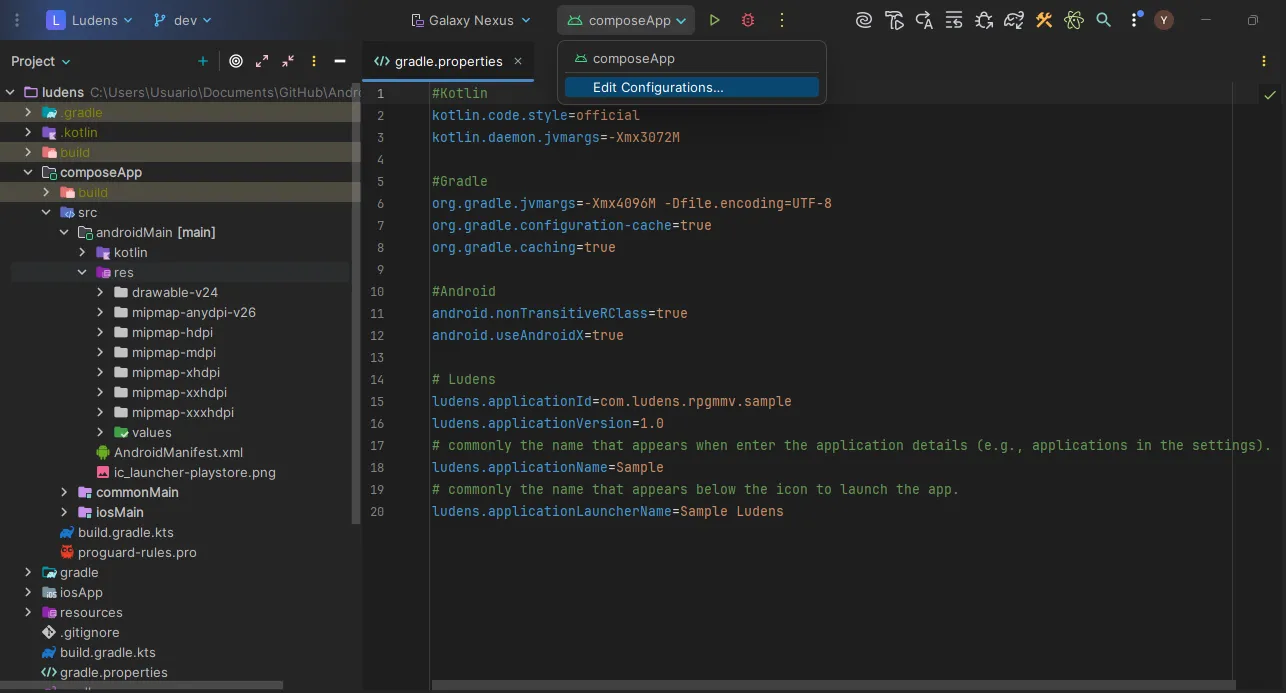 Accessing the configurations menu.