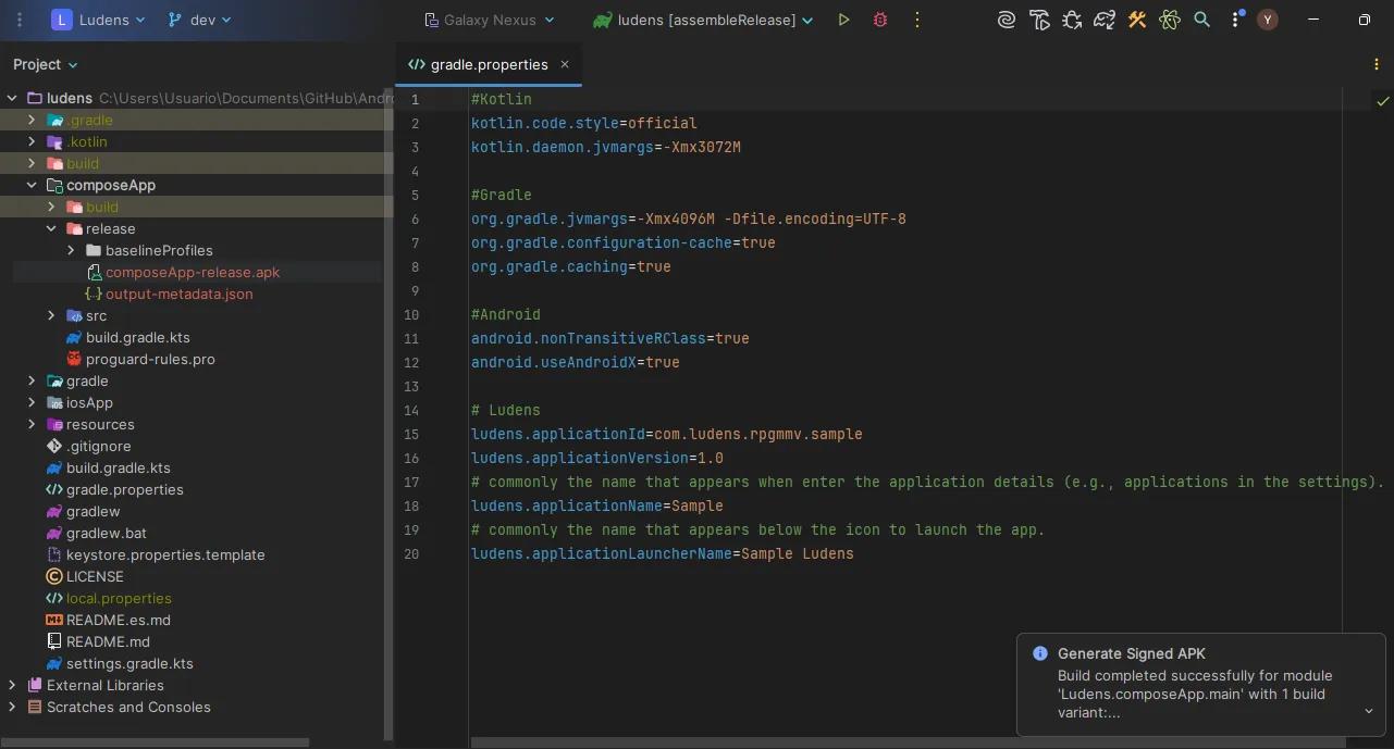 Notification of successfully generated APK.