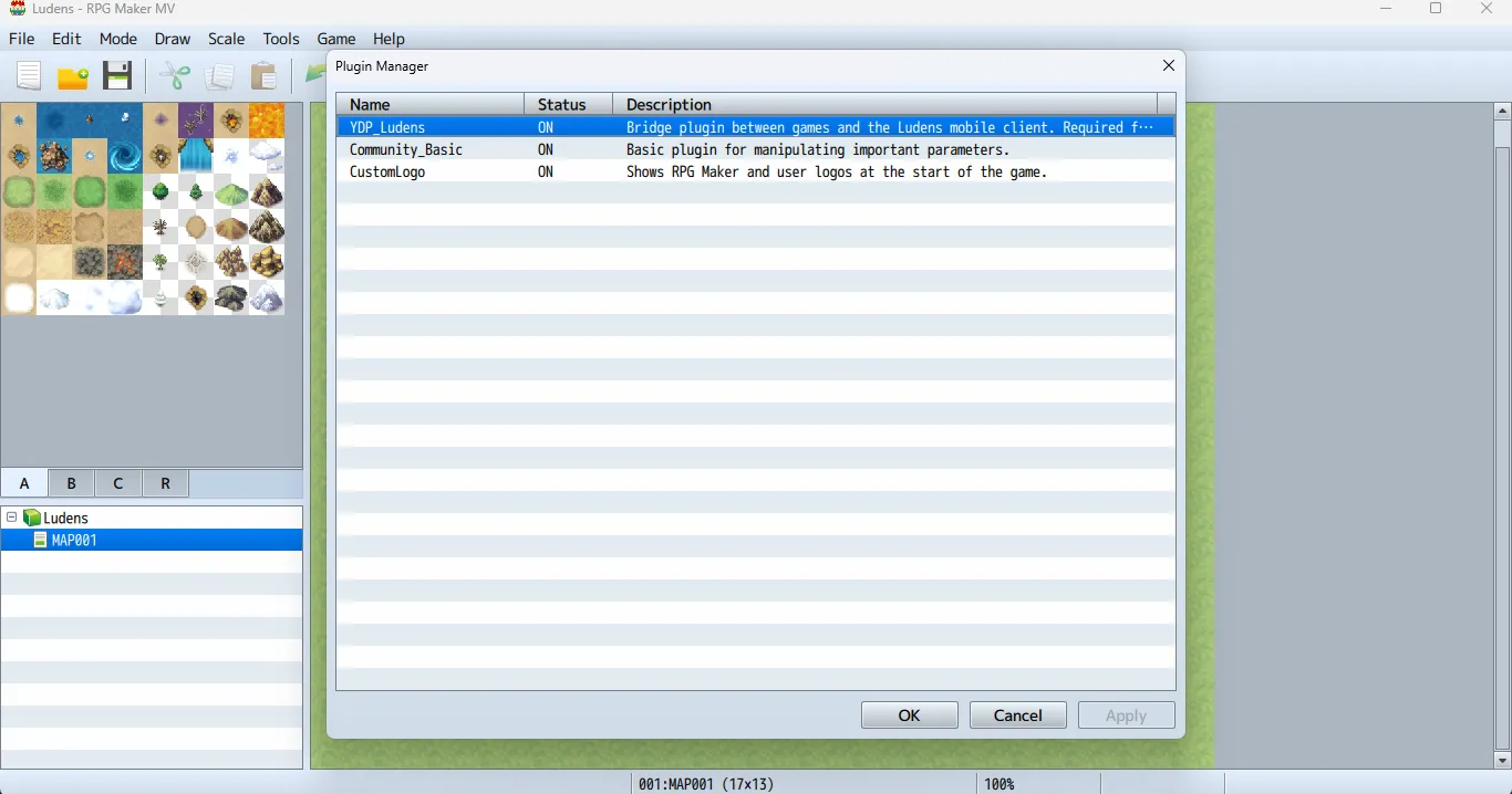 The YDP_Ludens.js plugin must be placed at the top of the list to ensure correct loading.